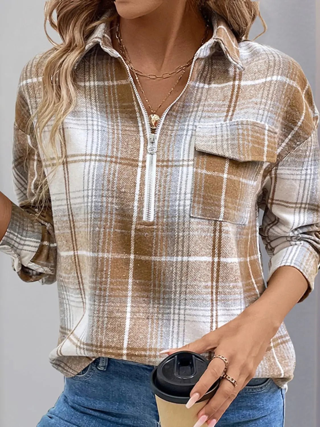 Perfee Plaid Collared Neck Half Zip Long Sleeve Top 2668south