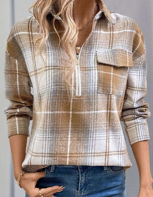 Load image into Gallery viewer, Perfee Plaid Collared Neck Half Zip Long Sleeve Top 2668south
