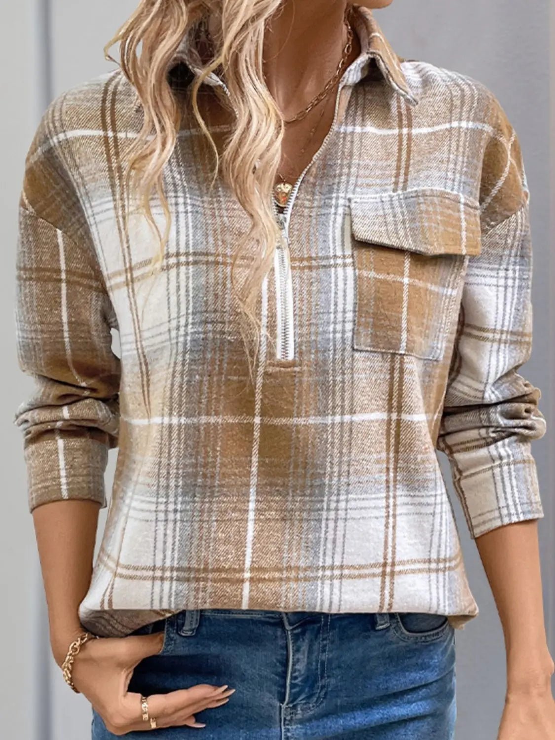 Perfee Plaid Collared Neck Half Zip Long Sleeve Top 2668south