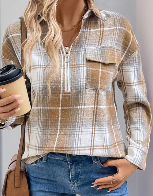 Load image into Gallery viewer, Perfee Plaid Collared Neck Half Zip Long Sleeve Top 2668south
