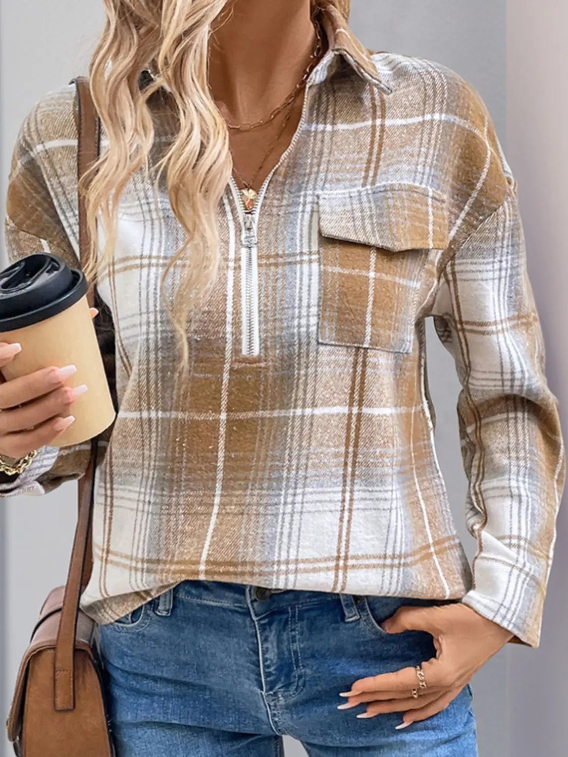 Perfee Plaid Collared Neck Half Zip Long Sleeve Top 2668south