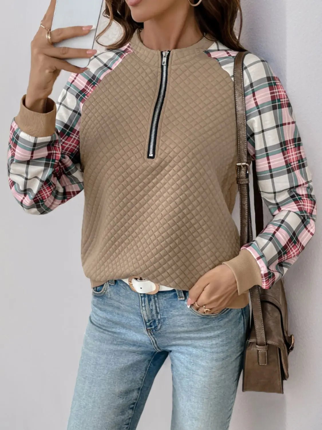 Perfee Plaid Half Zip Long Sleeve Texture Sweatshirt 2668south