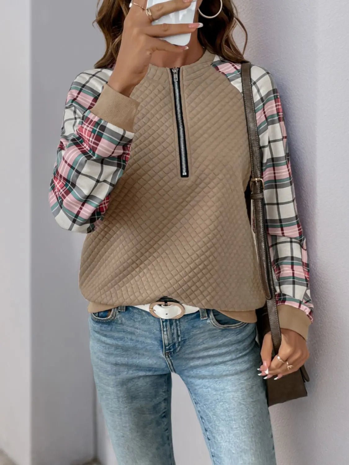 Perfee Plaid Half Zip Long Sleeve Texture Sweatshirt 2668south