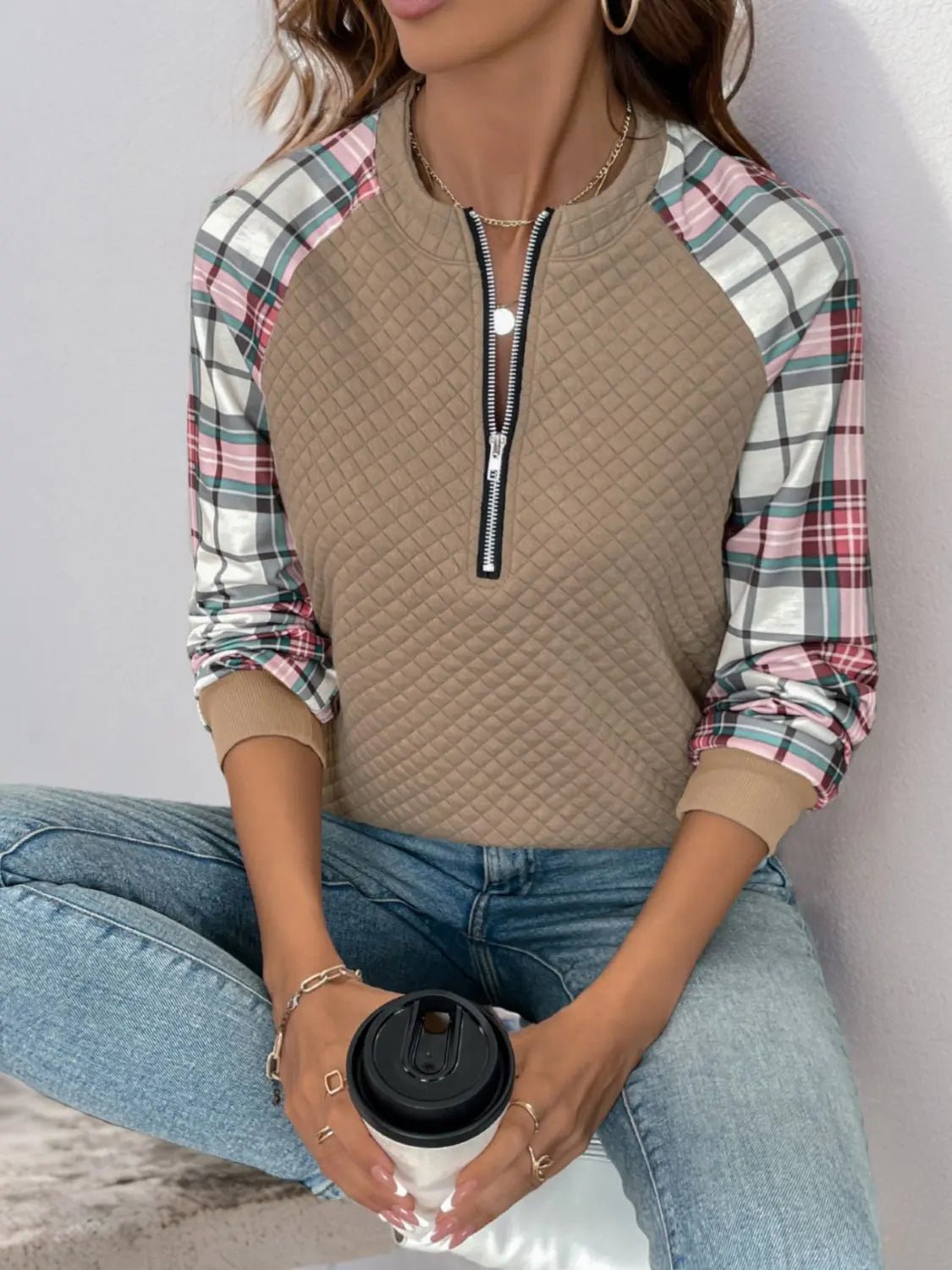 Perfee Plaid Half Zip Long Sleeve Texture Sweatshirt 2668south