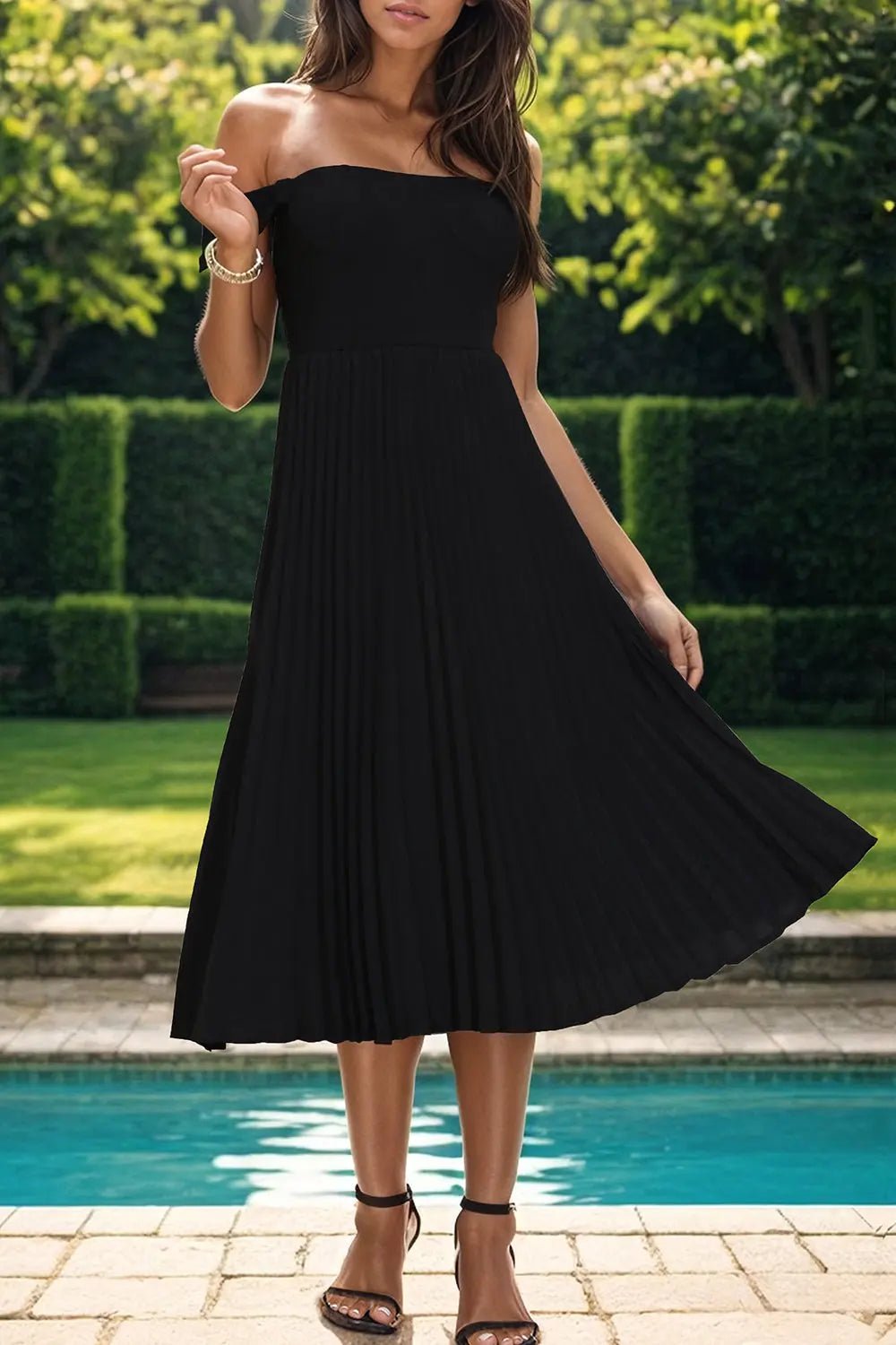 Perfee Pleated Off-Shoulder Midi Dress 2668south