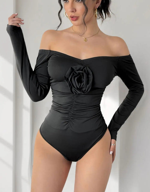 Load image into Gallery viewer, Perfee Ruched Flower Off-Shoulder Long Sleeve Bodysuit 2668south
