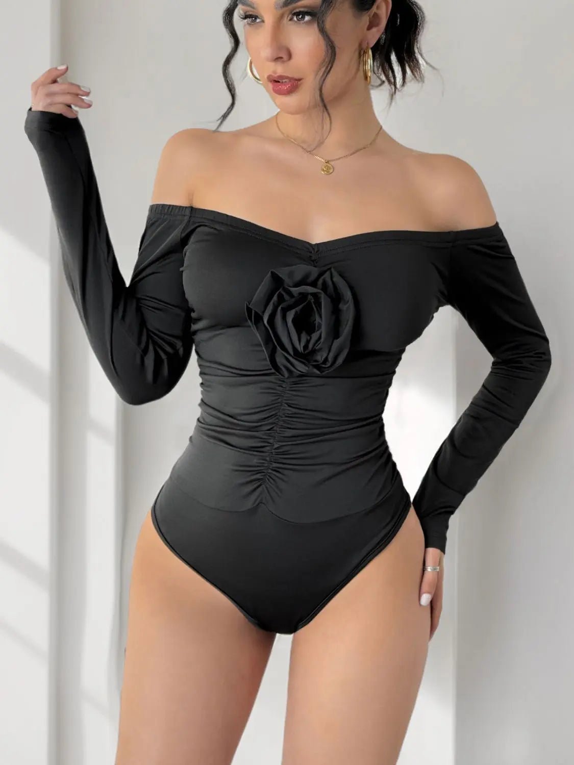 Perfee Ruched Flower Off-Shoulder Long Sleeve Bodysuit 2668south