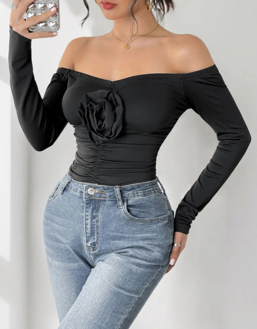 Load image into Gallery viewer, Perfee Ruched Flower Off-Shoulder Long Sleeve Bodysuit 2668south
