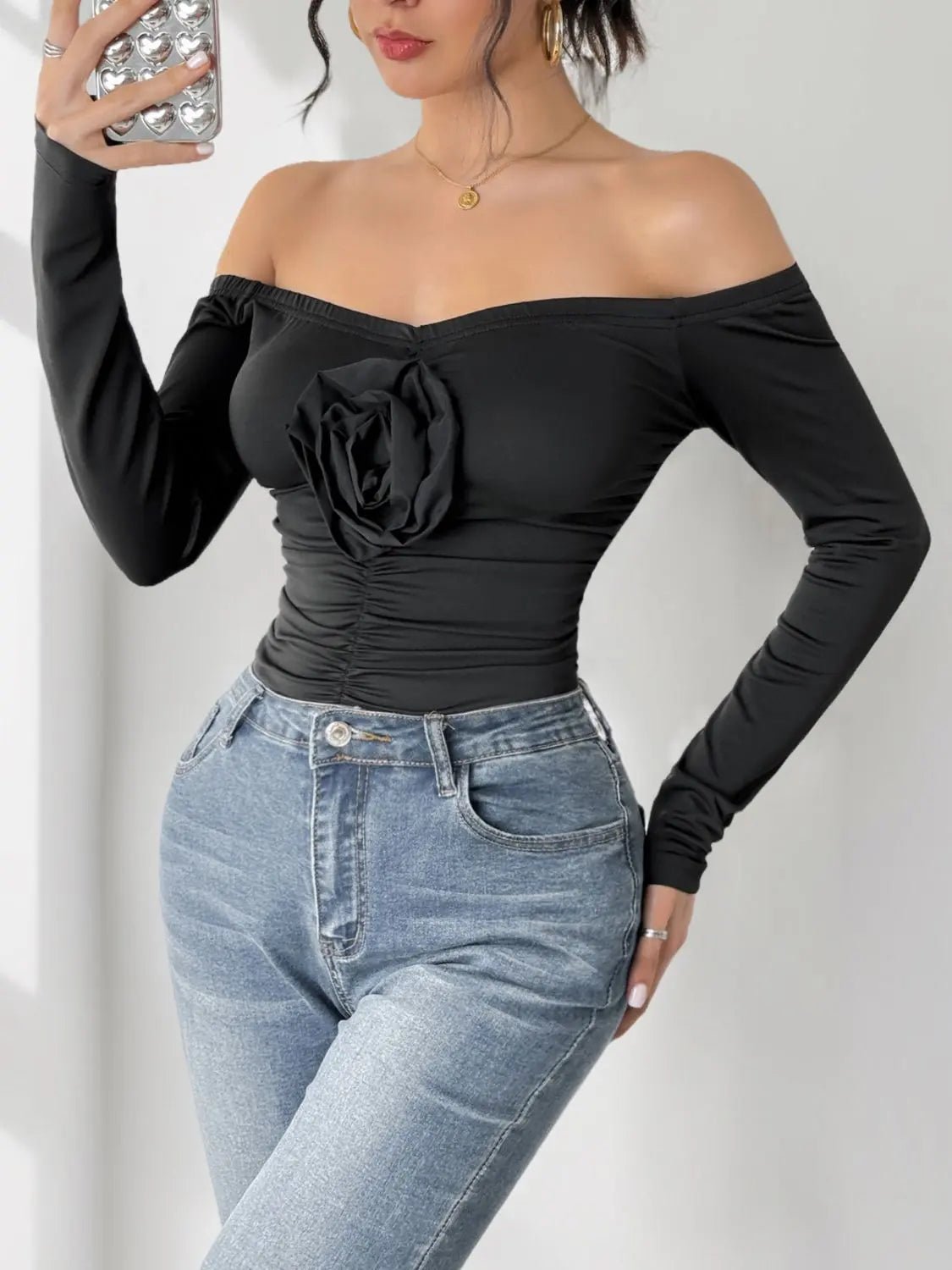 Perfee Ruched Flower Off-Shoulder Long Sleeve Bodysuit 2668south