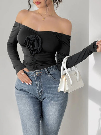 Perfee Ruched Flower Off-Shoulder Long Sleeve Bodysuit 2668south