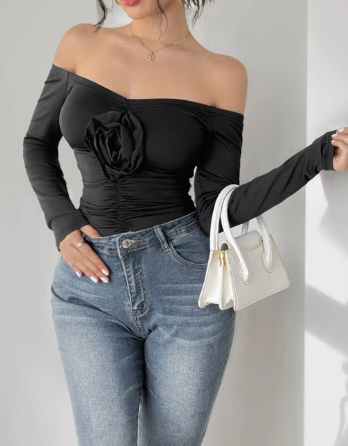 Load image into Gallery viewer, Perfee Ruched Flower Off-Shoulder Long Sleeve Bodysuit 2668south
