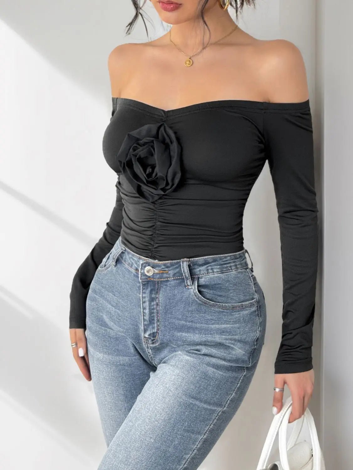 Perfee Ruched Flower Off-Shoulder Long Sleeve Bodysuit 2668south