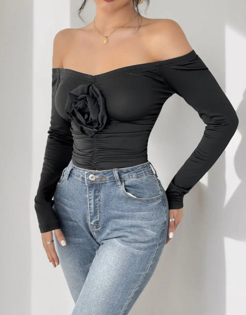 Load image into Gallery viewer, Perfee Ruched Flower Off-Shoulder Long Sleeve Bodysuit 2668south
