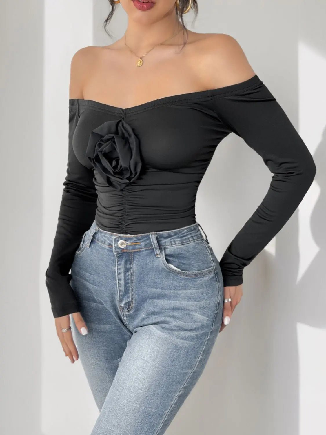 Perfee Ruched Flower Off-Shoulder Long Sleeve Bodysuit 2668south