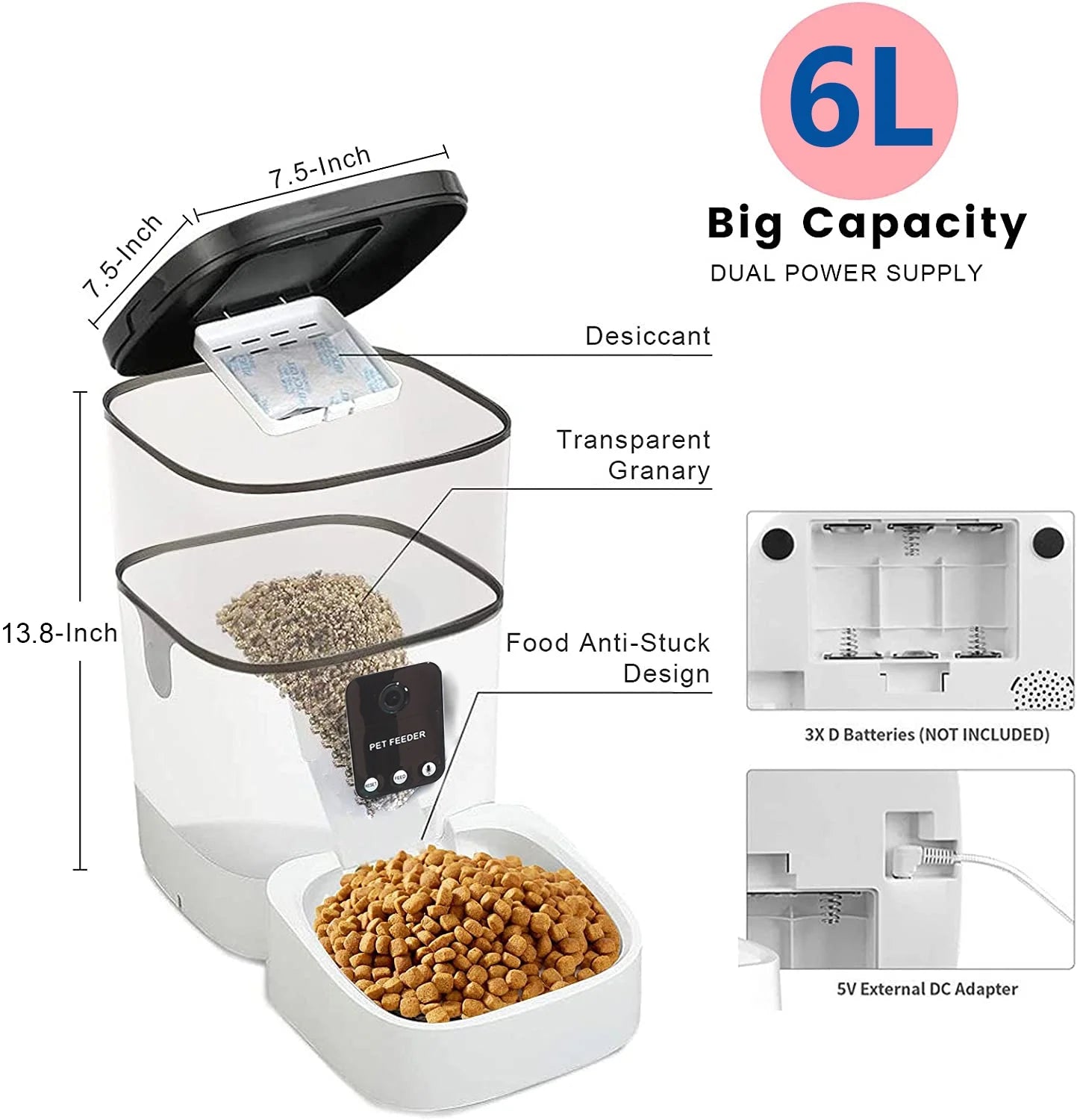 Pet Feeder,6L Automatic Pet Feeder for Cats and Dogs,1080P Camera,App Control,Voice Recorder,Timed Feeder for Schedule Feeding, Dual Power Supply,Wifi Pet Food Dispenser with App Control 2668south