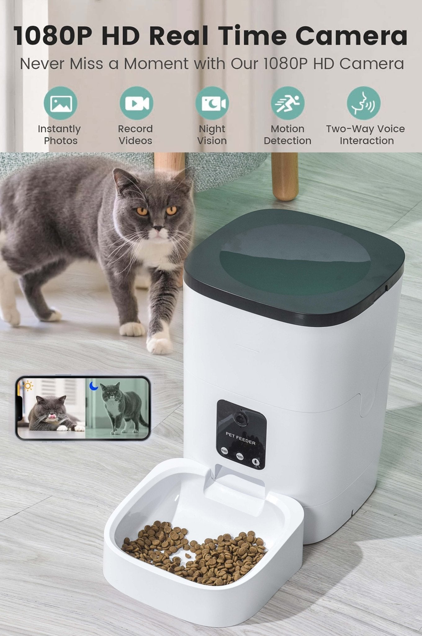 Pet Feeder,6L Automatic Pet Feeder for Cats and Dogs,1080P Camera,App Control,Voice Recorder,Timed Feeder for Schedule Feeding, Dual Power Supply,Wifi Pet Food Dispenser with App Control 2668south