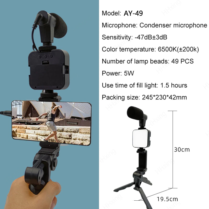 Phone Holder Photography Lighting Smartphone Video Kit Microphone LED Selfie Tripod Recording Handle Portable Stabilizer Bracket 2668south