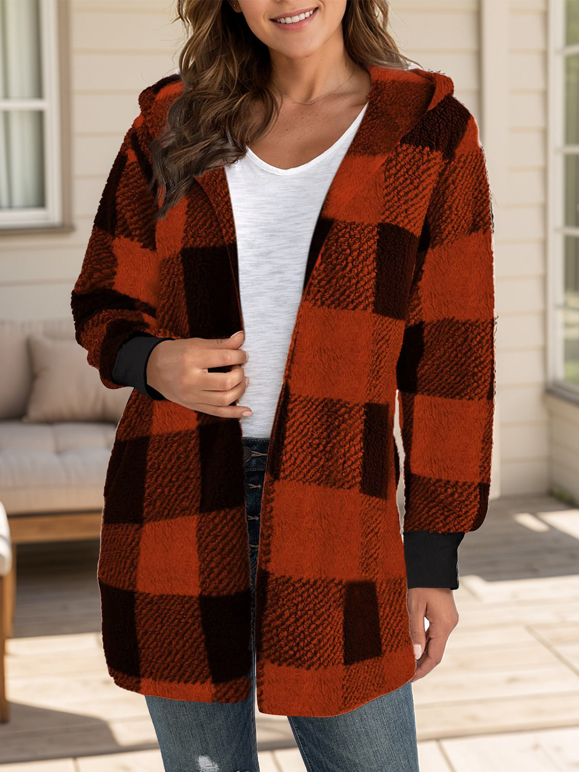 Plaid Long Sleeve Hooded Coat 2668south