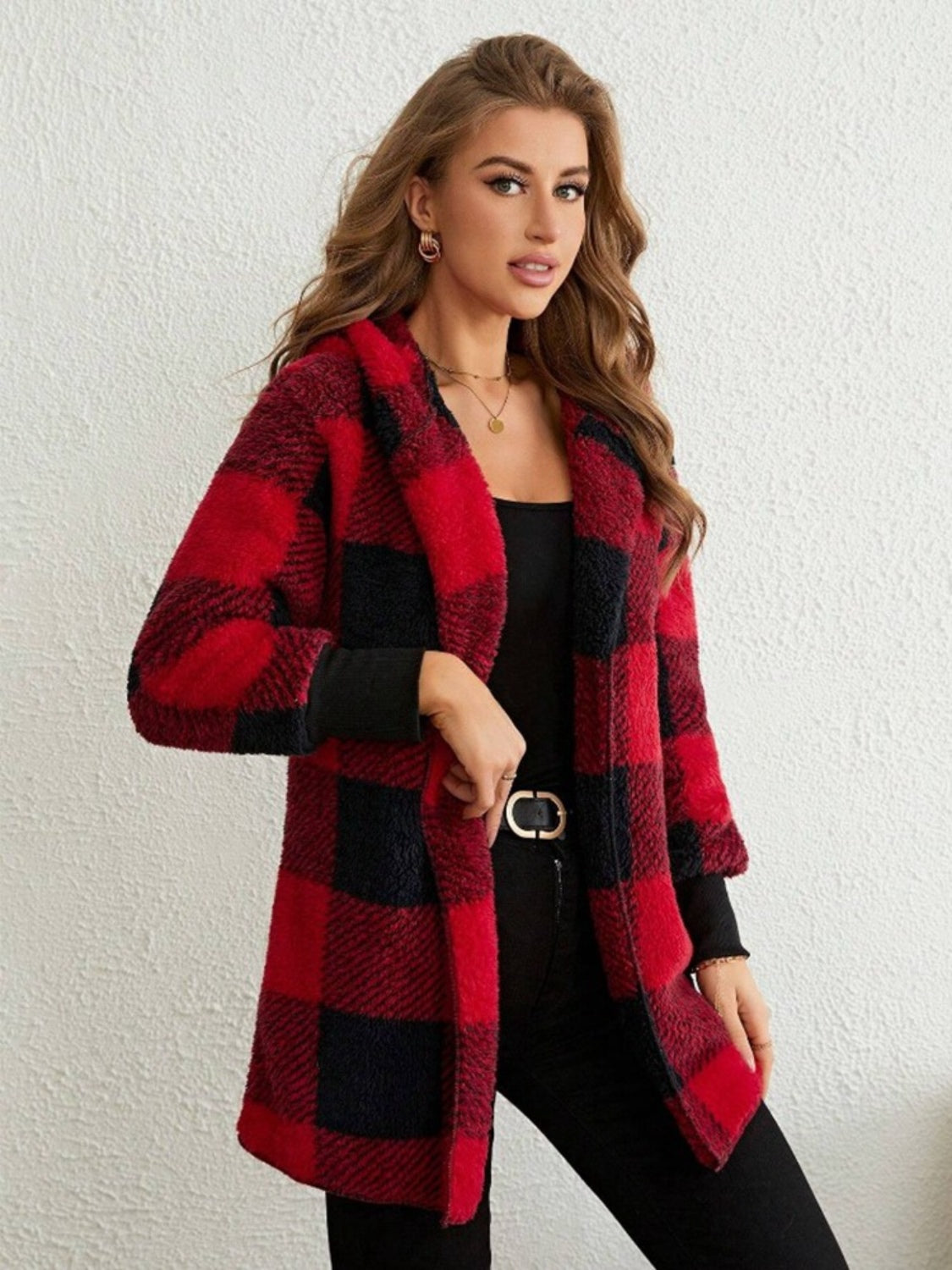 Plaid Long Sleeve Hooded Coat 2668south