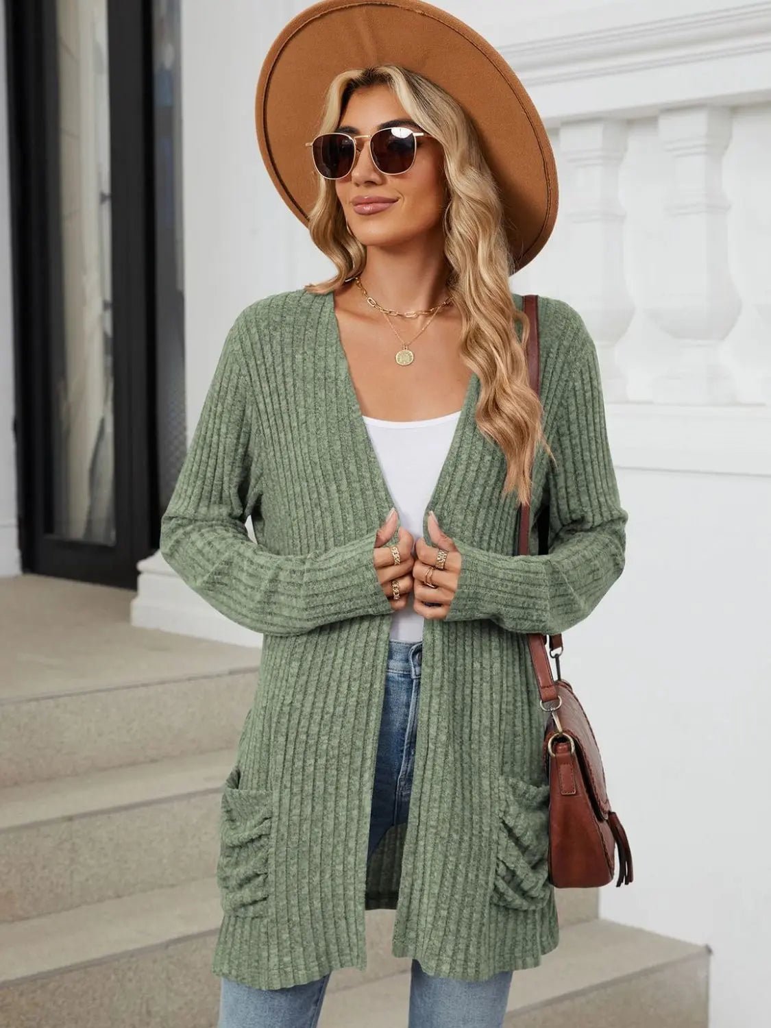 Pocketed Open Front Long Sleeve Cardigan 2668south