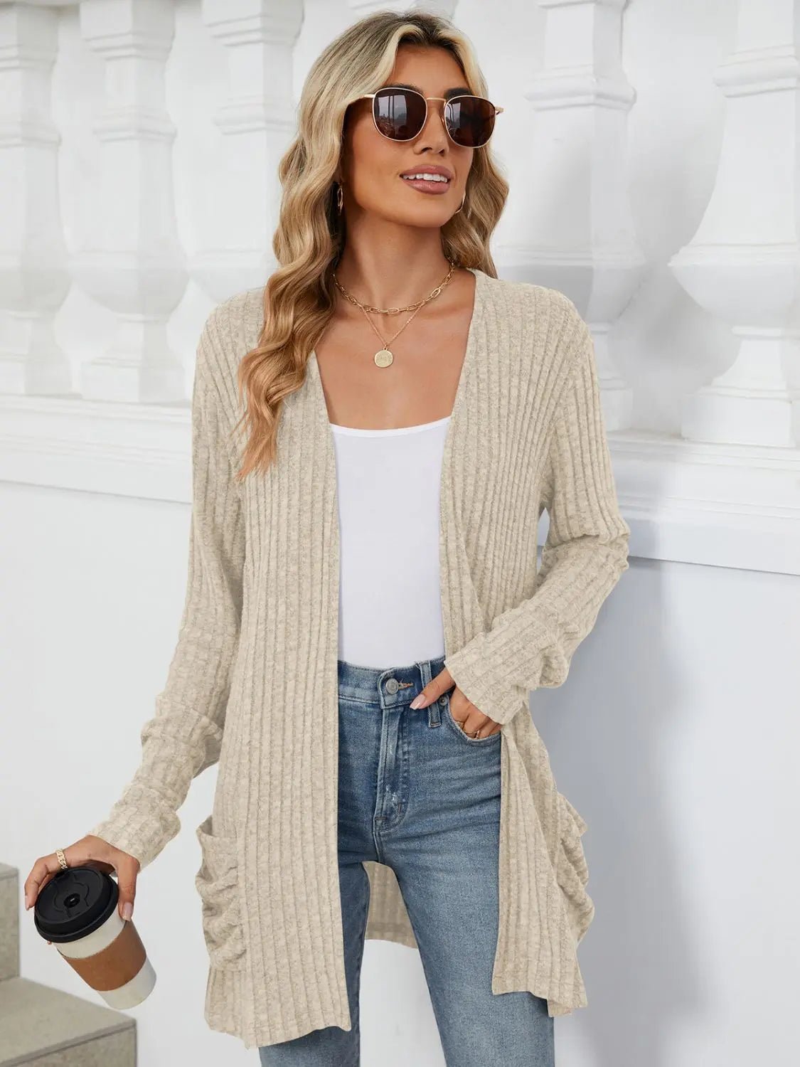 Pocketed Open Front Long Sleeve Cardigan 2668south