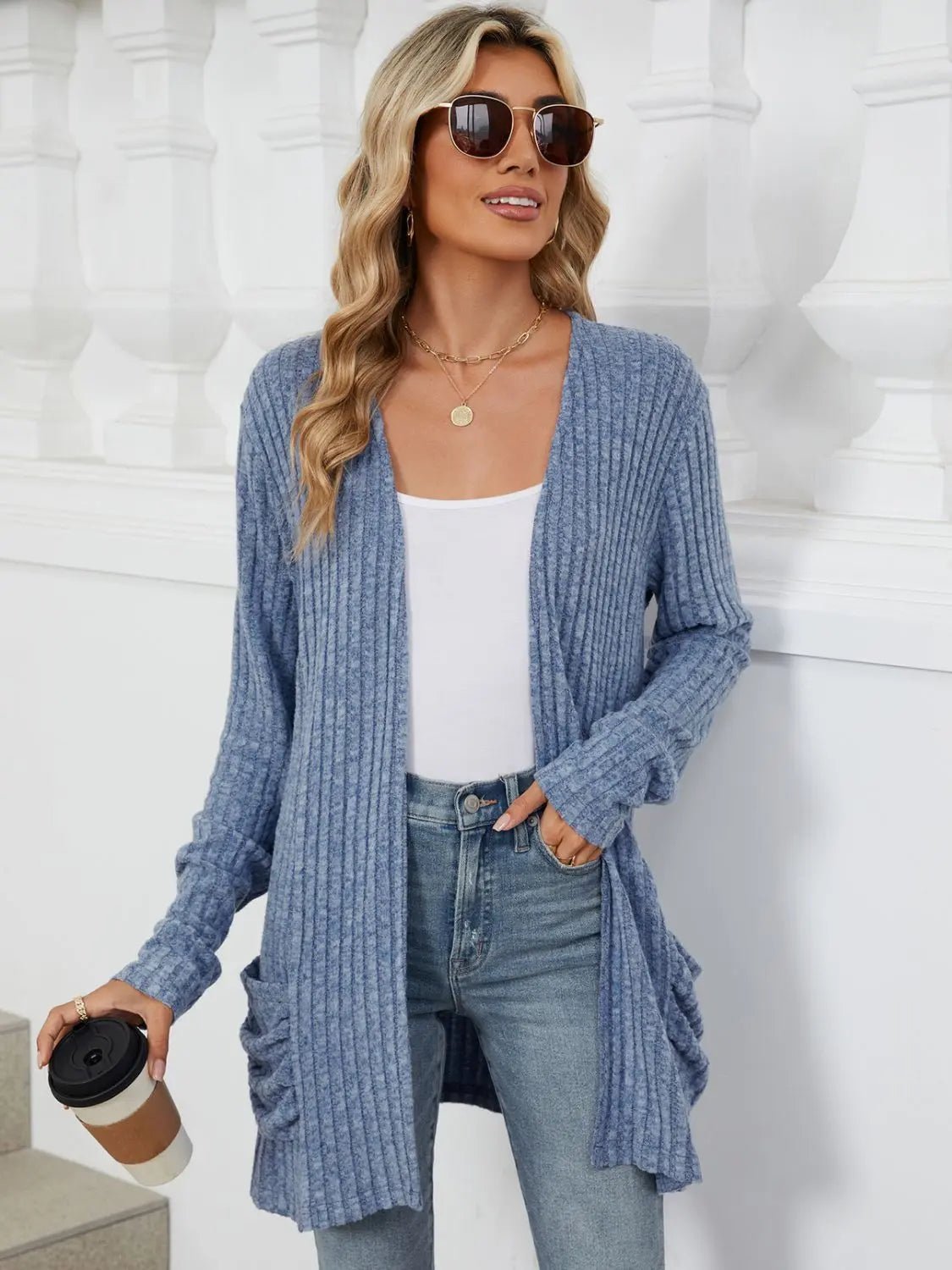 Pocketed Open Front Long Sleeve Cardigan 2668south