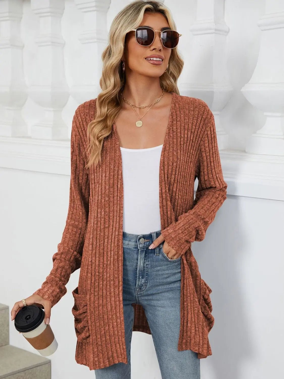 Pocketed Open Front Long Sleeve Cardigan 2668south