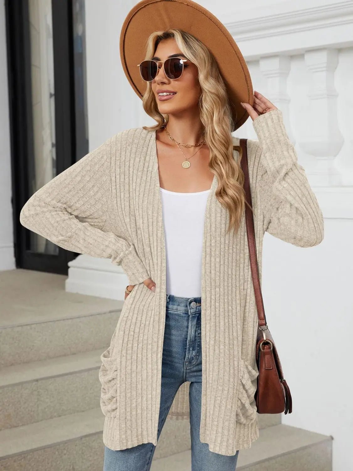 Pocketed Open Front Long Sleeve Cardigan 2668south