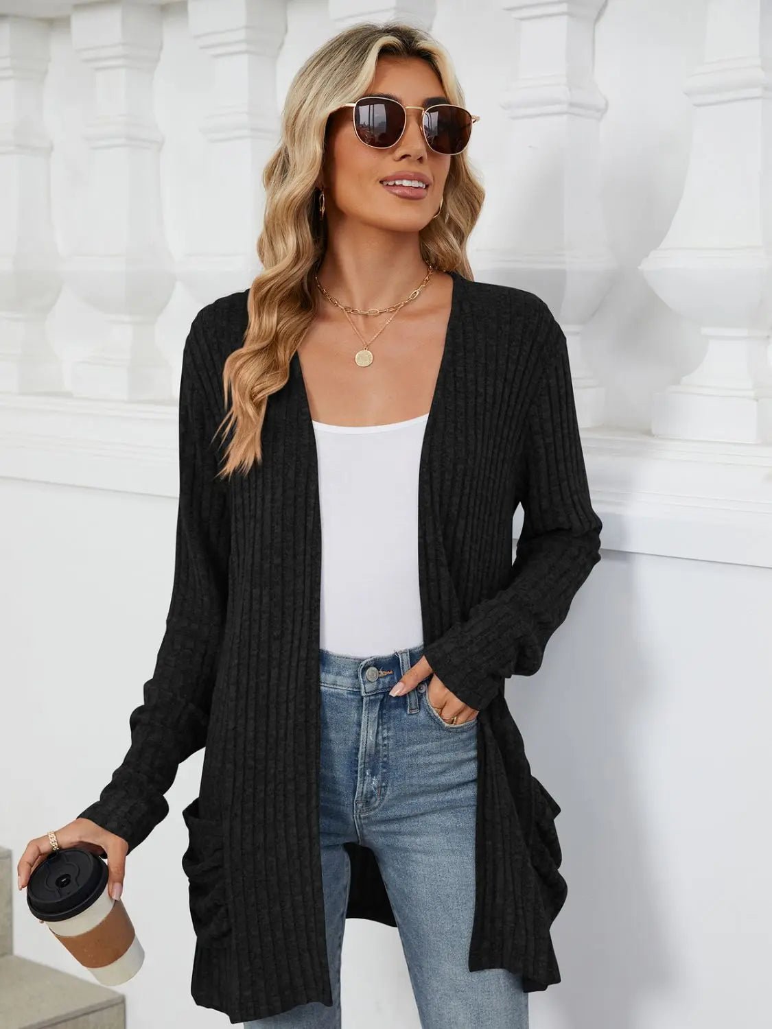 Pocketed Open Front Long Sleeve Cardigan 2668south