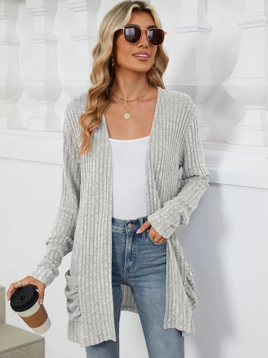 Pocketed Open Front Long Sleeve Cardigan 2668south