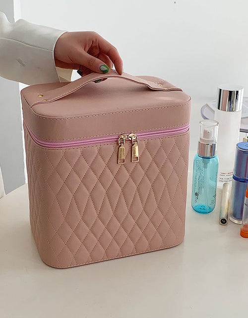 تحميل الصورة إلى عارض المعرض، Portable Cosmetic Bag With Mirror Design Fashion Rhombus-Embroidery Double-layer Suitcase Large Capacity Make-up Storage Bags For Women 2668south
