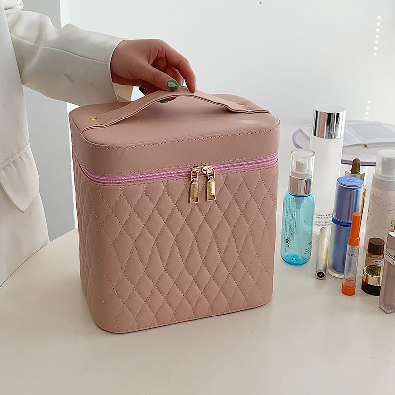 Portable Cosmetic Bag With Mirror Design Fashion Rhombus-Embroidery Double-layer Suitcase Large Capacity Make-up Storage Bags For Women 2668south