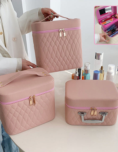 تحميل الصورة إلى عارض المعرض، Portable Cosmetic Bag With Mirror Design Fashion Rhombus-Embroidery Double-layer Suitcase Large Capacity Make-up Storage Bags For Women 2668south
