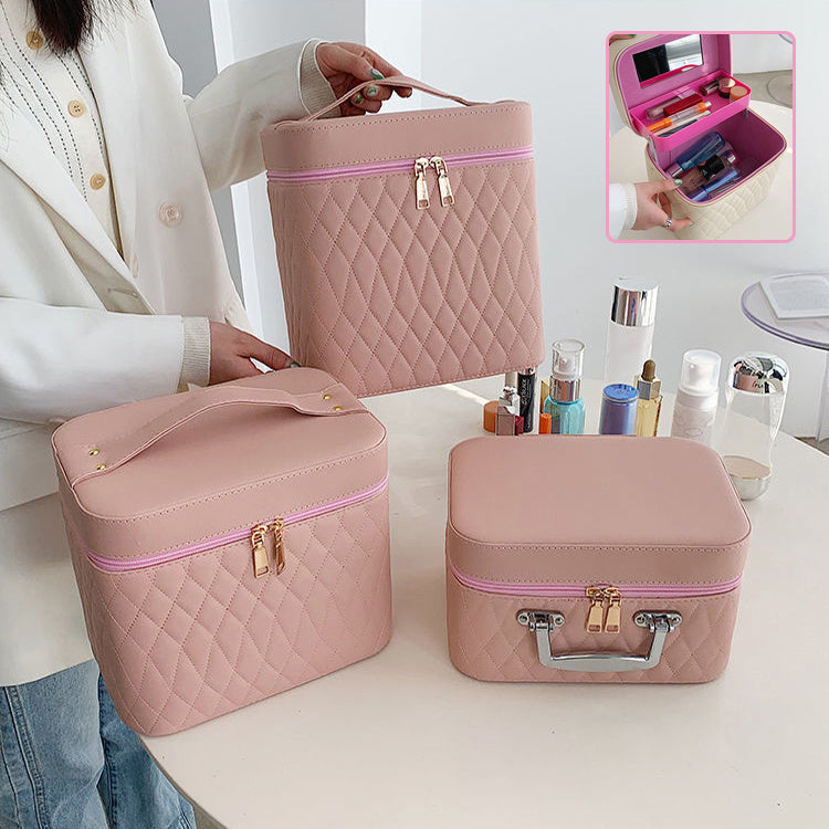 Portable Cosmetic Bag With Mirror Design Fashion Rhombus-Embroidery Double-layer Suitcase Large Capacity Make-up Storage Bags For Women 2668south