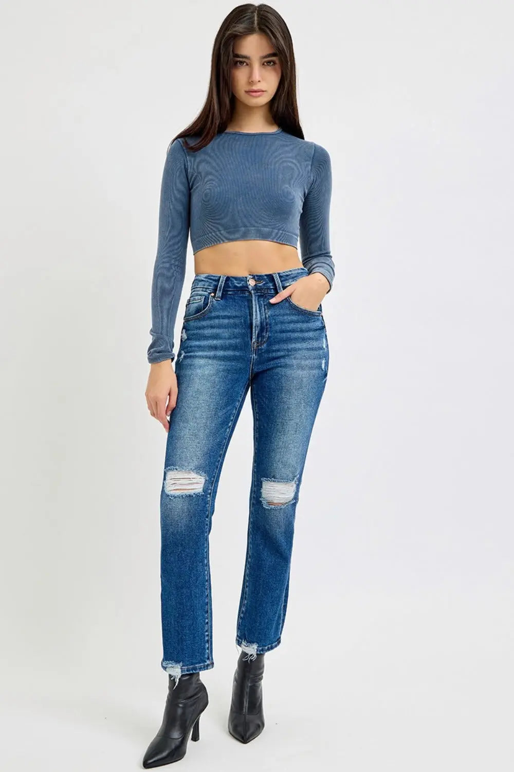 RISEN Full Size High Rise Distressed Crop Straight Jeans 2668south