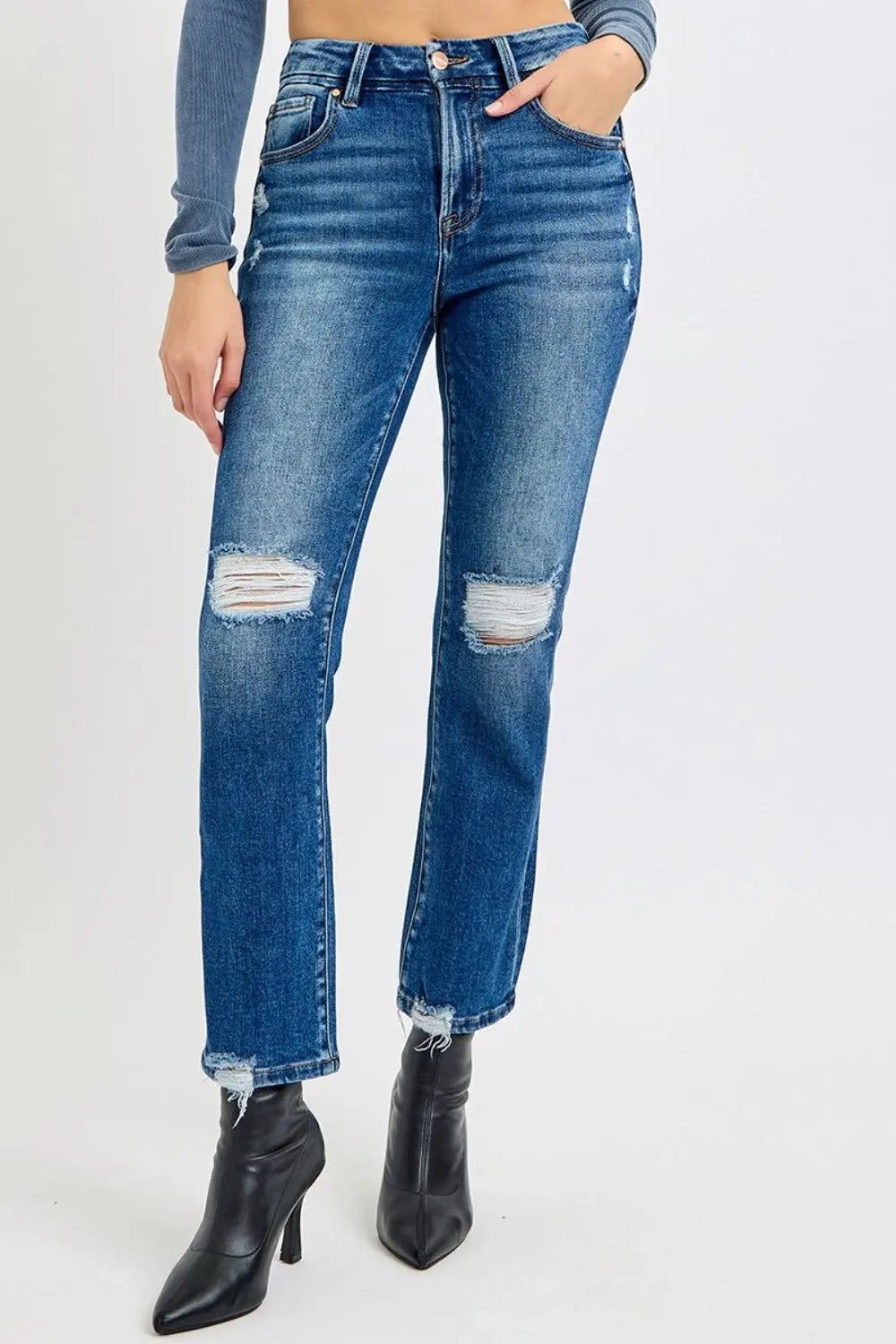 RISEN Full Size High Rise Distressed Crop Straight Jeans 2668south