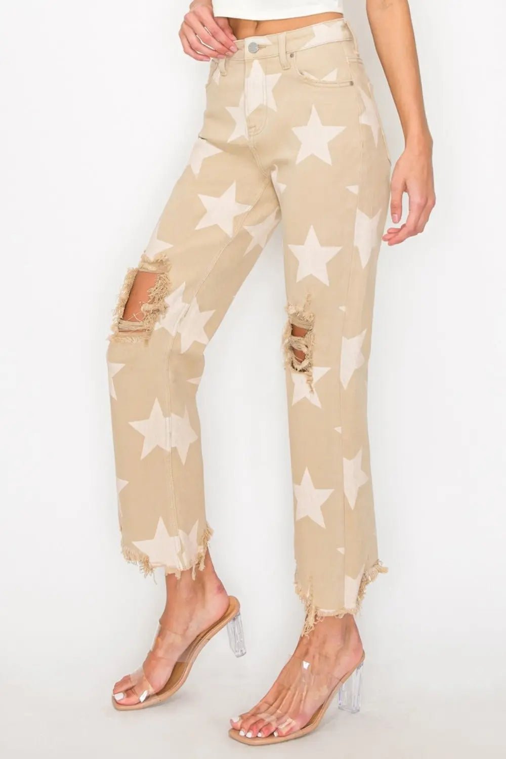 RISEN Full Size High Rise Star Printed Frayed Hem Jeans 2668south