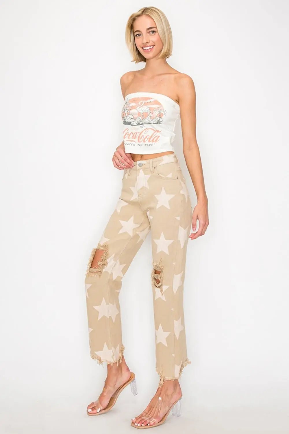 RISEN Full Size High Rise Star Printed Frayed Hem Jeans 2668south