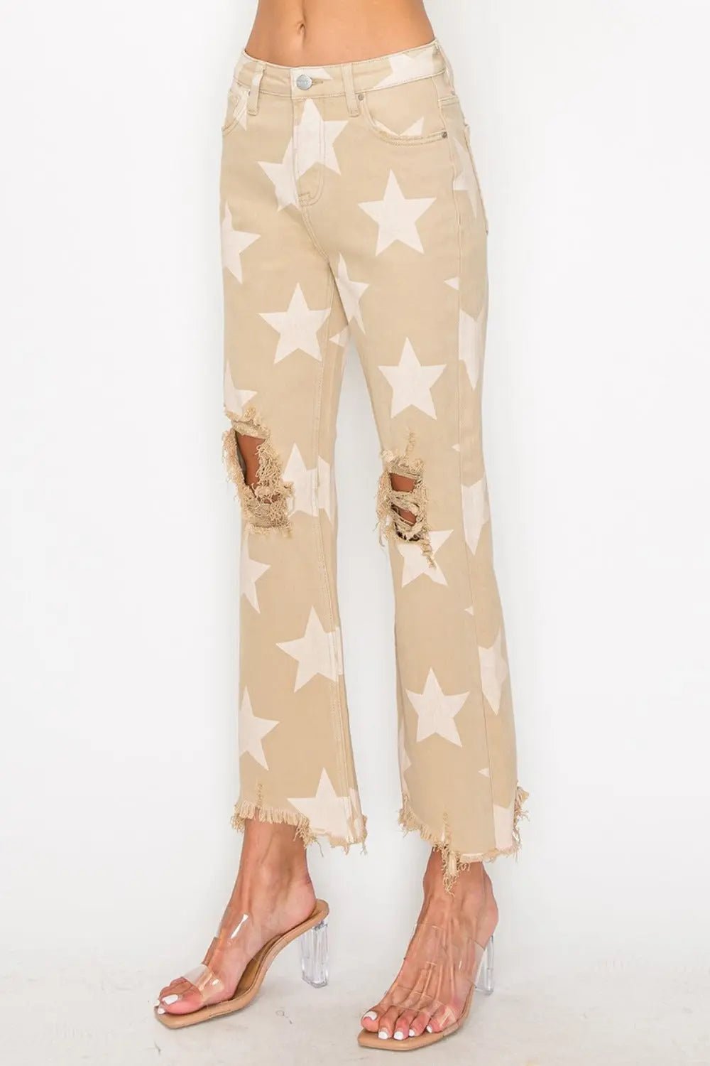 RISEN Full Size High Rise Star Printed Frayed Hem Jeans 2668south