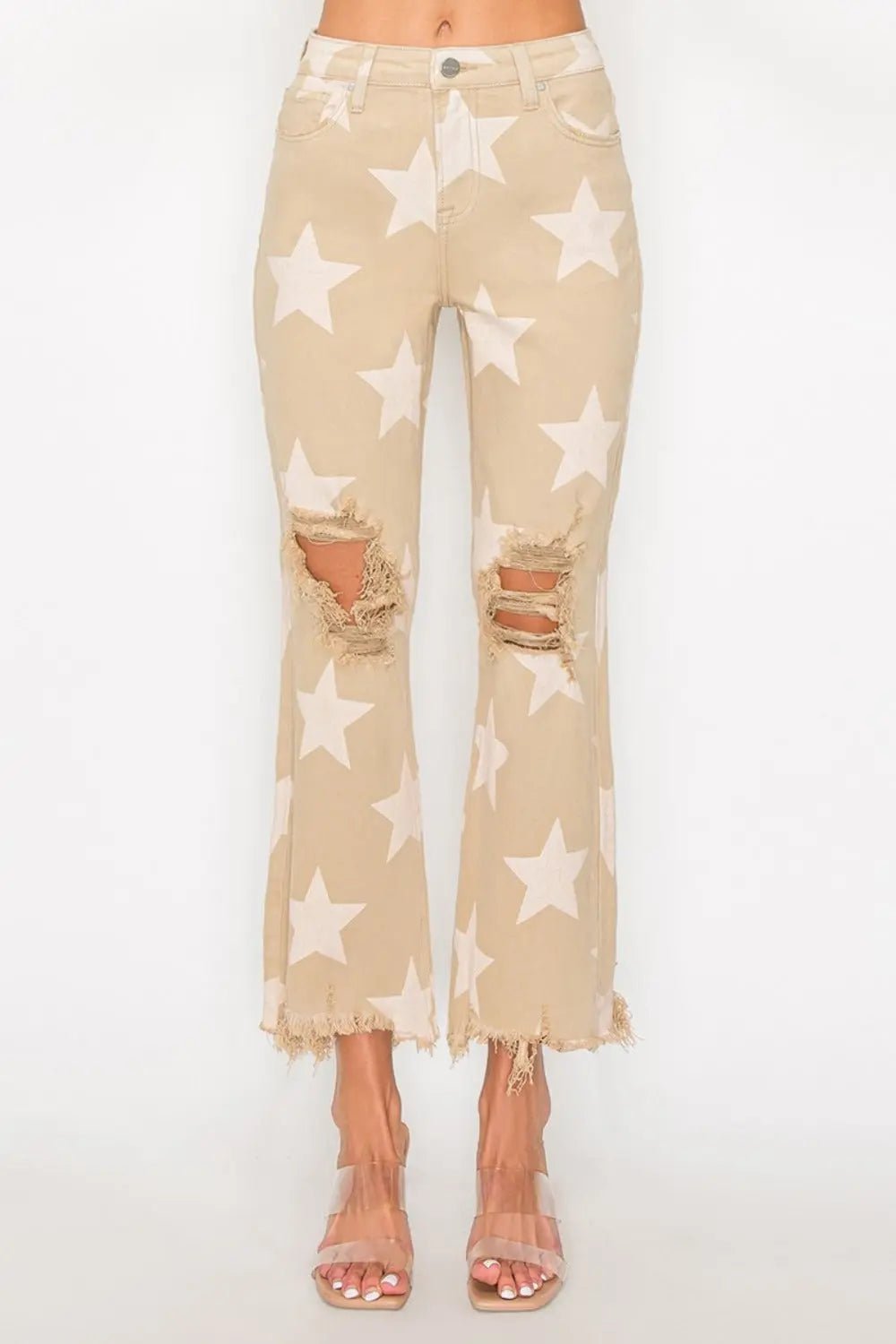 RISEN Full Size High Rise Star Printed Frayed Hem Jeans 2668south