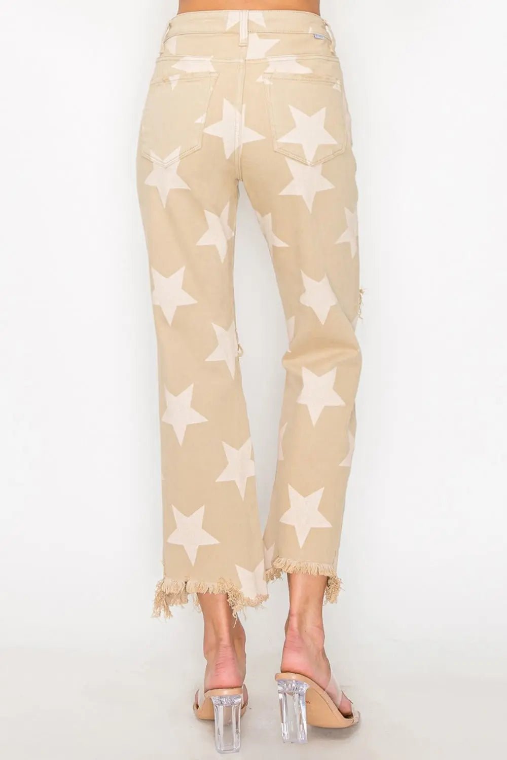 RISEN Full Size High Rise Star Printed Frayed Hem Jeans 2668south