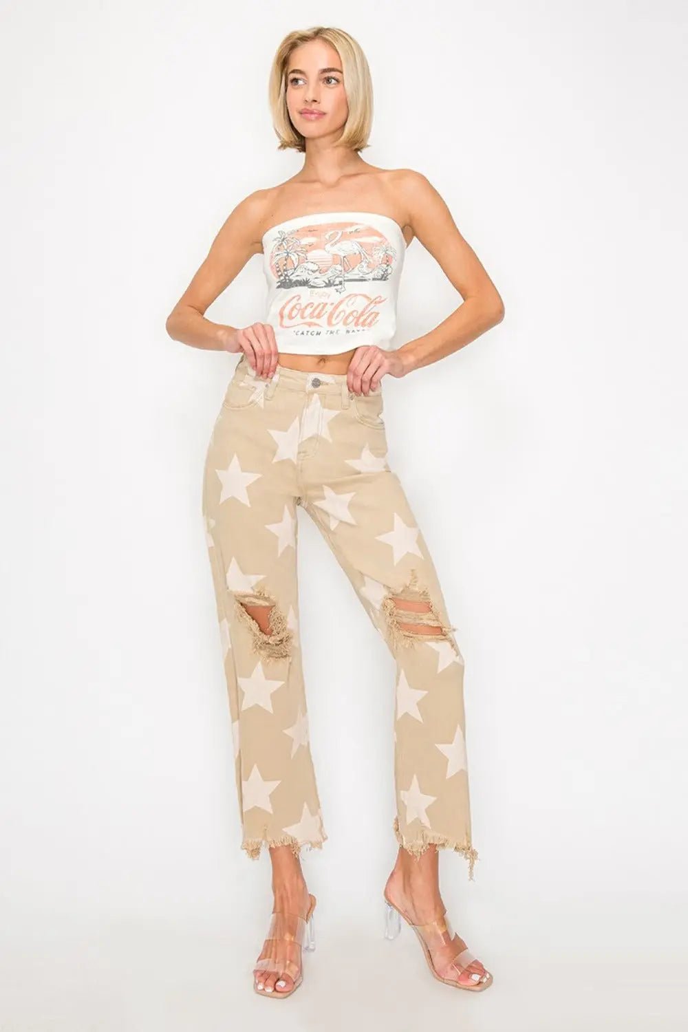 RISEN Full Size High Rise Star Printed Frayed Hem Jeans 2668south