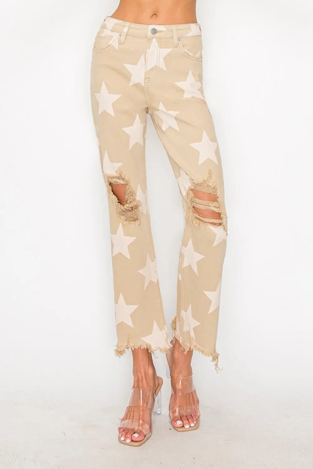 RISEN Full Size High Rise Star Printed Frayed Hem Jeans 2668south