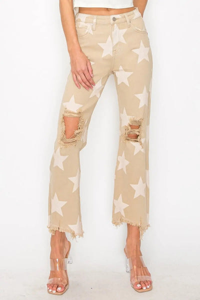 RISEN Full Size High Rise Star Printed Frayed Hem Jeans 2668south