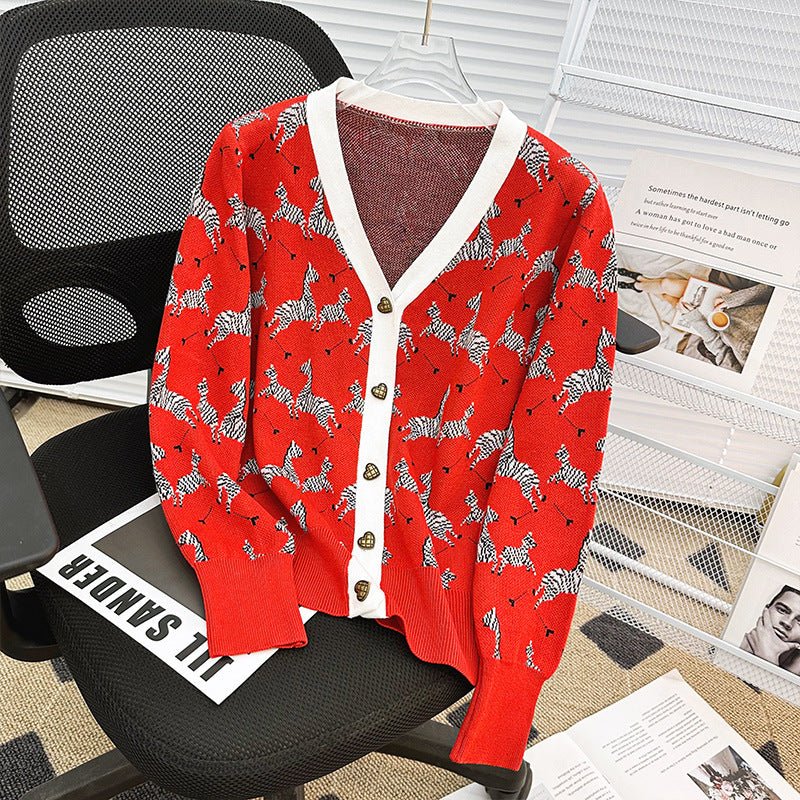 Red Western Style Zebra Jacquard V-neck Long-sleeved Coat For Women 2668south