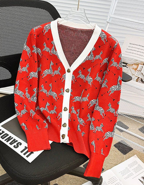 Load image into Gallery viewer, Red Western Style Zebra Jacquard V-neck Long-sleeved Coat For Women 2668south
