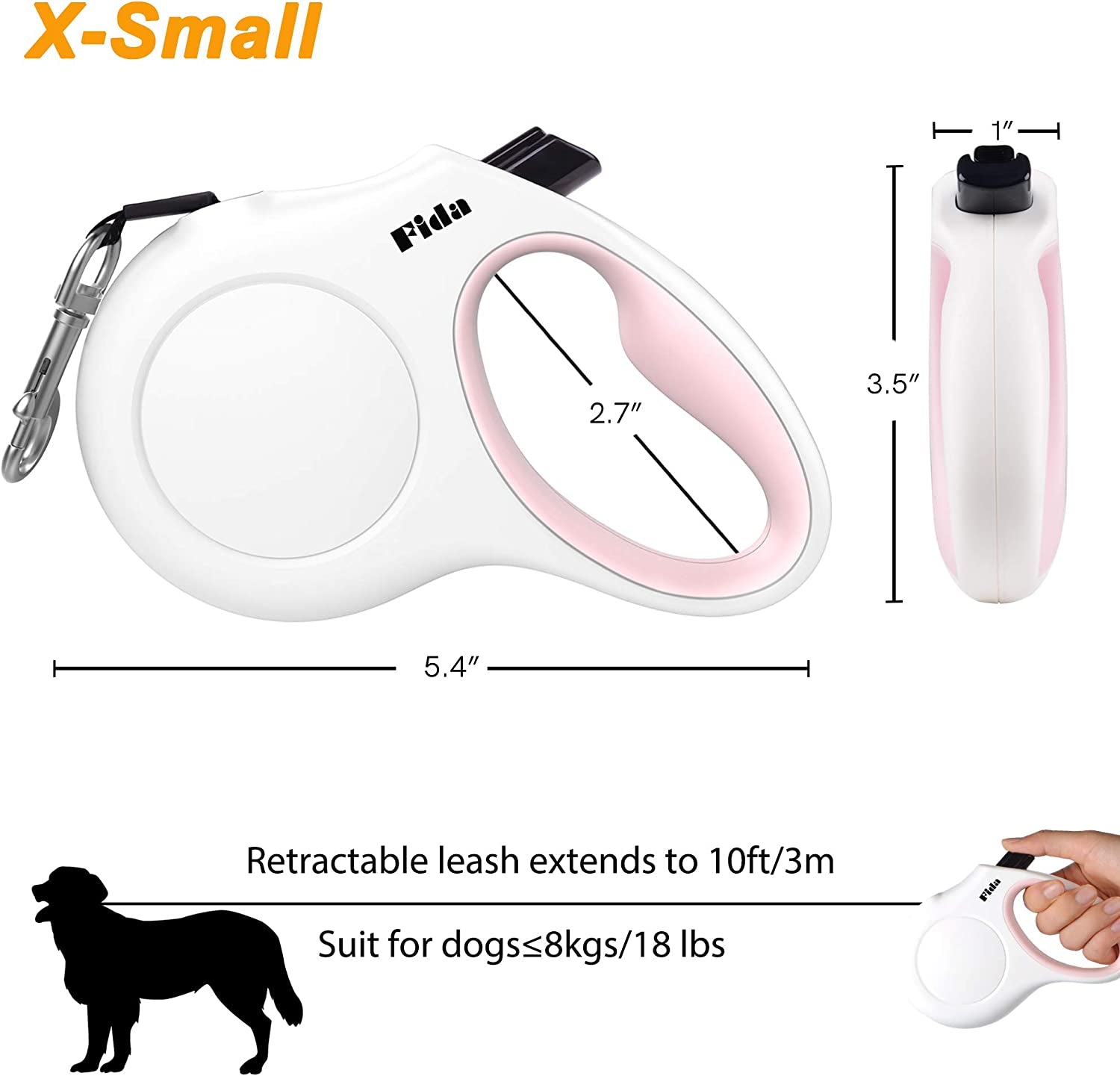 Retractable Dog Leash with Dispenser and Poop Bags, 10 Ft Pet Walking Leash for X-Small Dog or Cat up to 18 Lbs, Anti-Slip Handle, Tangle Free, Reflective Nylon Tape (XS, White) 2668south