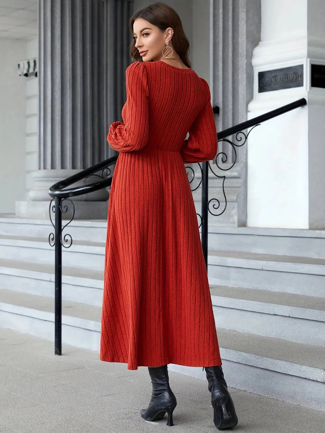 Ribbed Round Neck Long Sleeve Dress 2668south