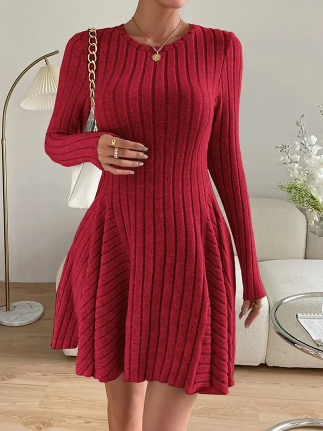 Ribbed Round Neck Long Sleeve Dress 2668south