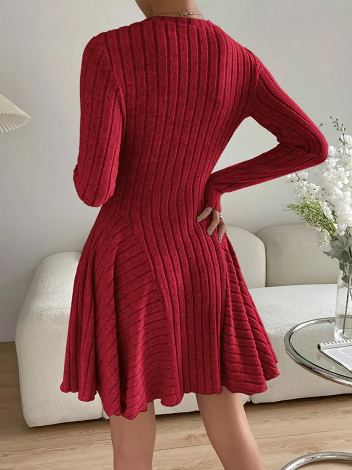 Ribbed Round Neck Long Sleeve Dress 2668south